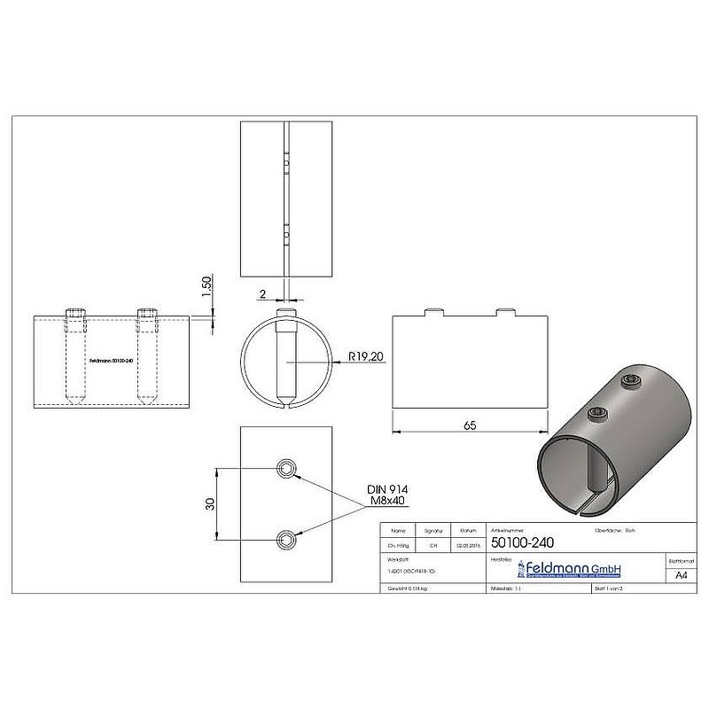 Connecting sleeve for tube 42.4x2.0mm, AISI304