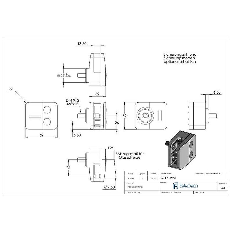 Privacy screen end glass clamp mod. 26, AISI304