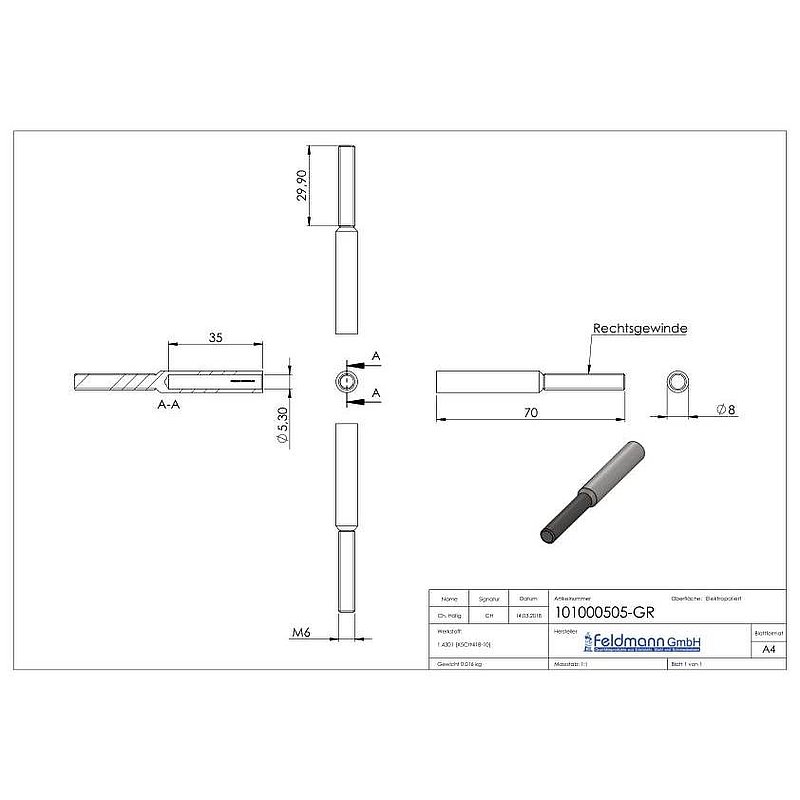 Threaded terminal for rope 5mm, AISI304