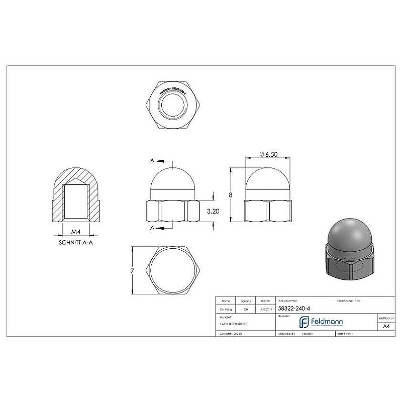 Hexagon cap nut M4, DIN 1587, AISI304
