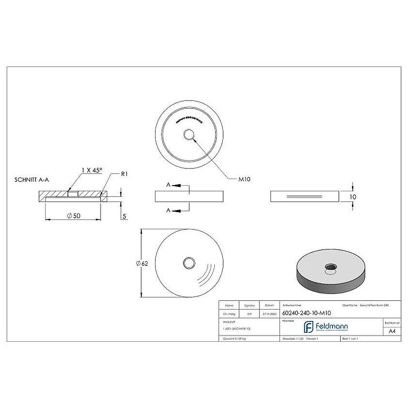 Unterteil für 62mm Glaspunkthalter, T: 10mm, mit M10, V2A