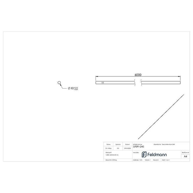 Round material, 10mm, L: 6000mm, AISI304