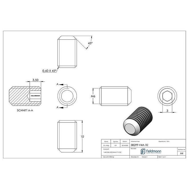 Gewindestift M6x10, V4A, DIN 913 / ISO 4026