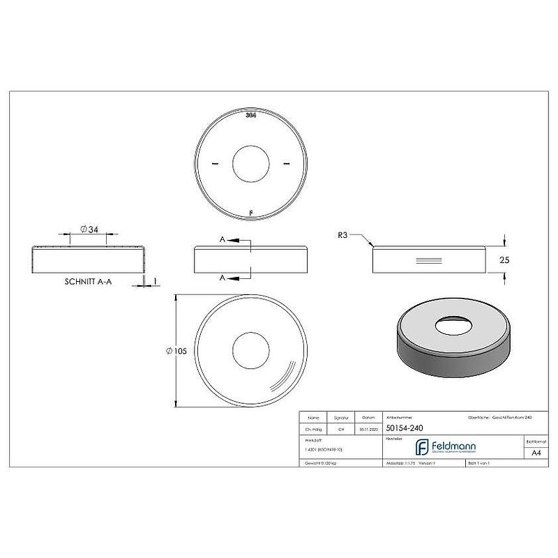 Cover rosette, 105x25mm, bore 34mm, AISI304