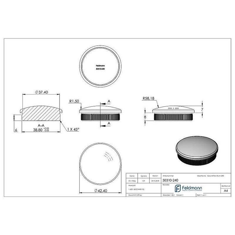 Tube end plug, for tube 42.4x2.0mm, AISI304