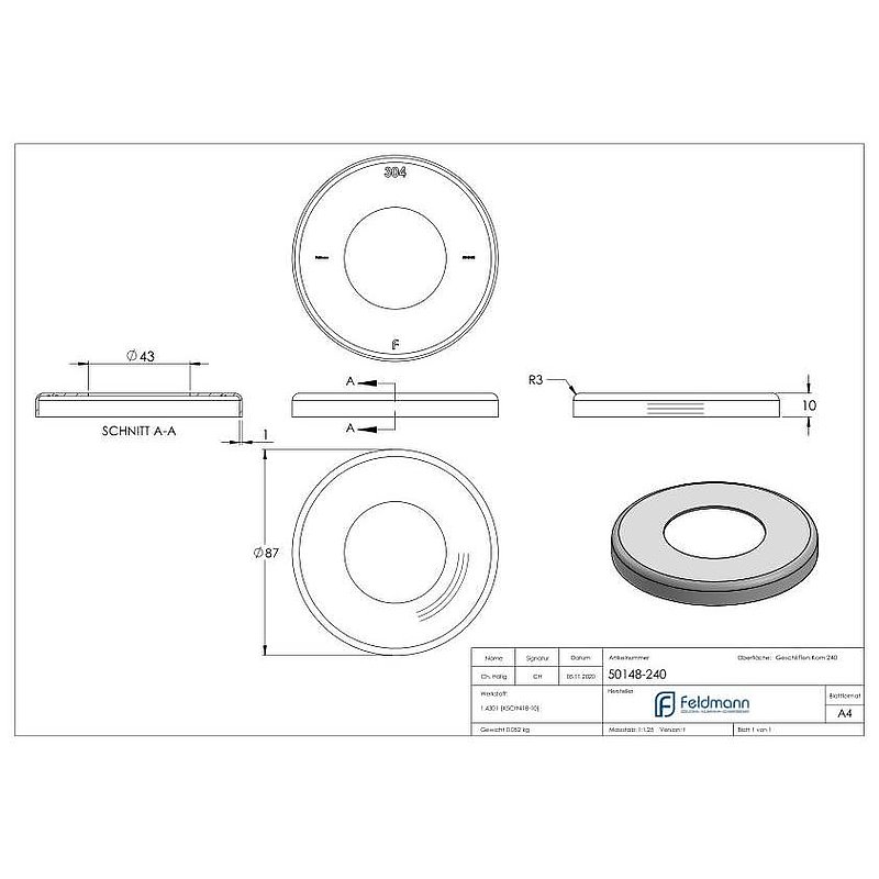 Abdeckrosette, 87x10mm, Bohrung 43mm, V2A