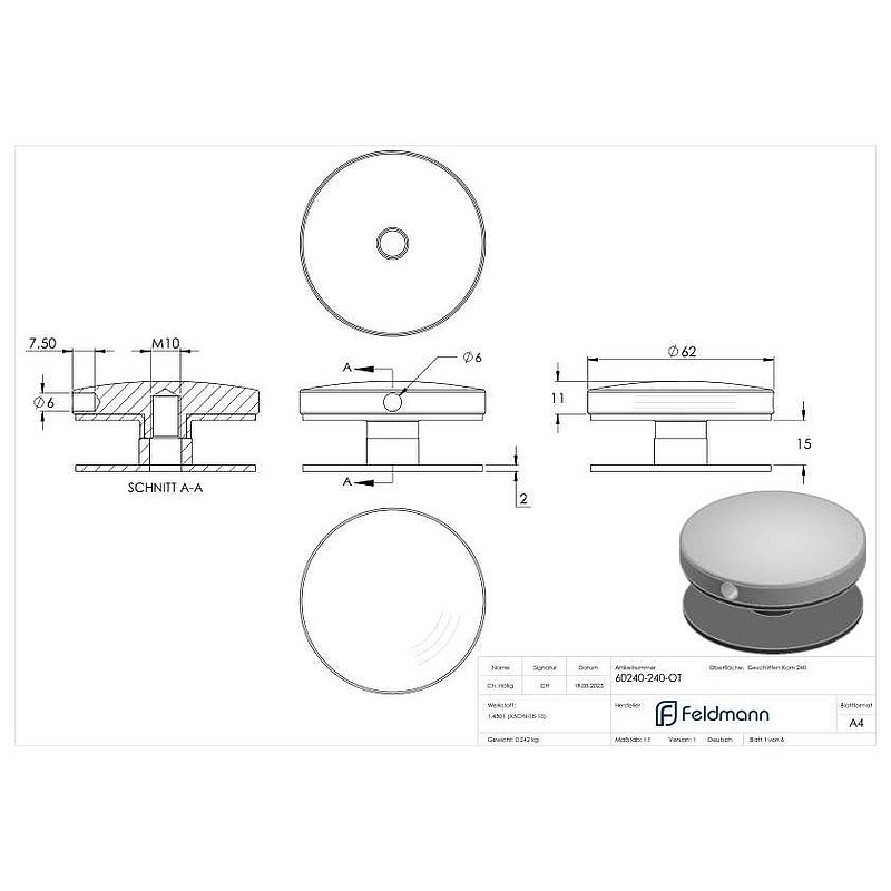 Oberteil für 62mm Glaspunkthalter, V2A
