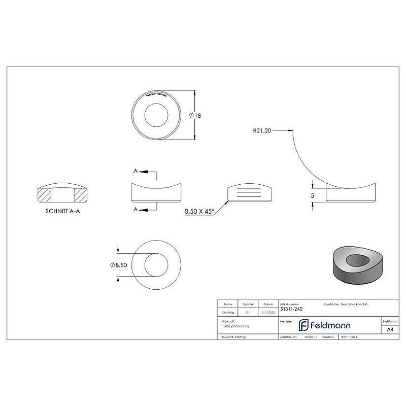 Ausgleichsstück (ohne Senkung) für Rohr 42,4mm, Ø 18mm, V2A