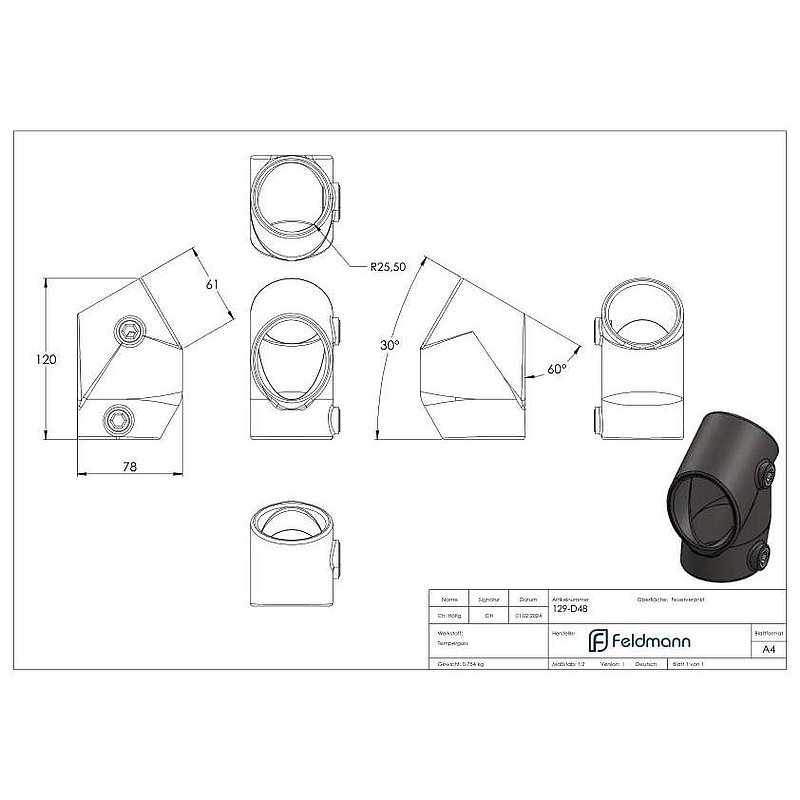 Raccord en T, angles de 30° et 60°, pour tube Ø 48,3mm