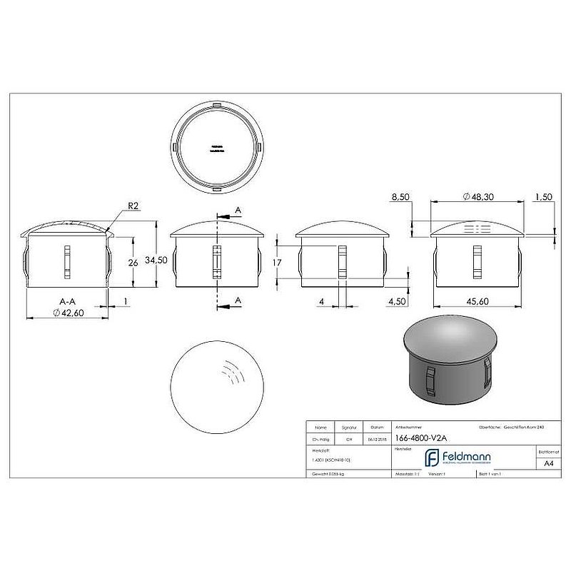Bouchon pour extrémité de tube, pour tube 48,3x2,0 - 2,5mm, V2A