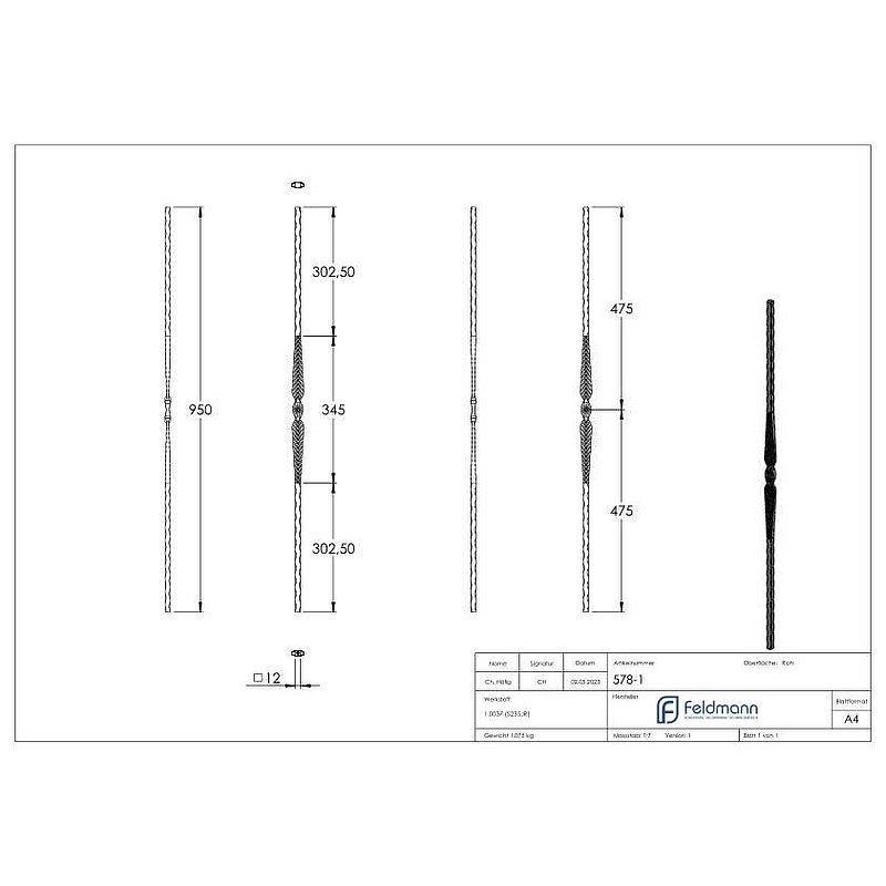 Zierstab 12x12mm, geschmiedet, H: 950mm