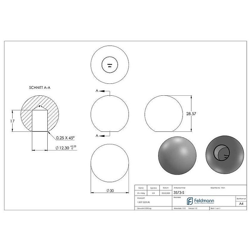 Solid ball 30mm, with blind hole 12.3mm