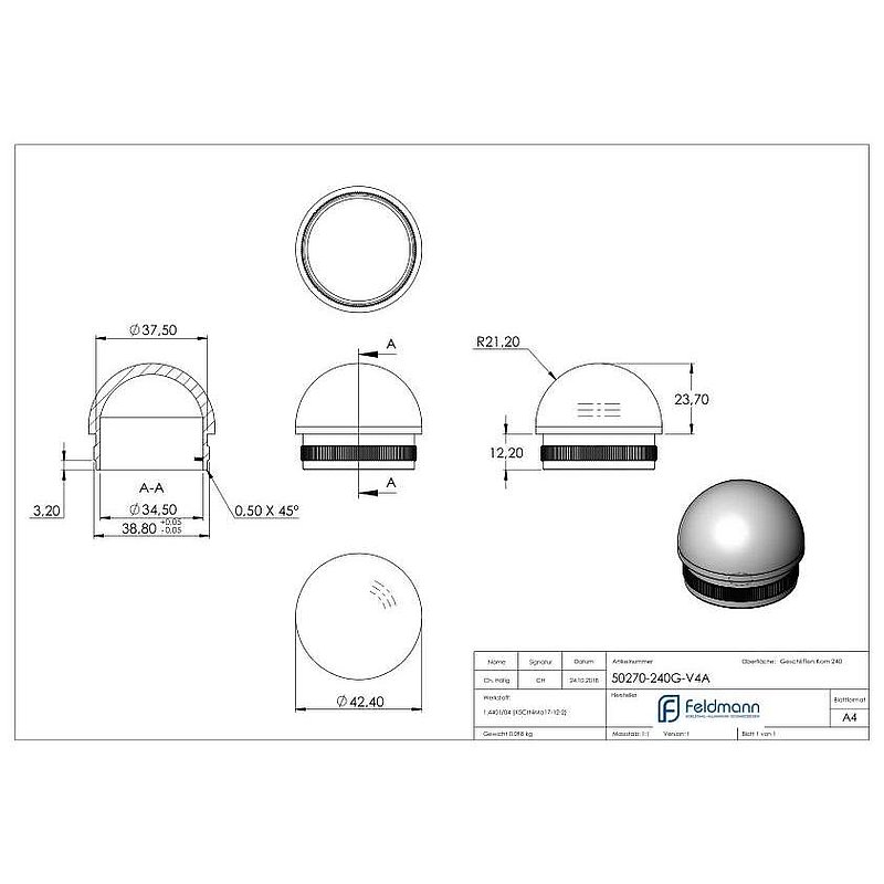 Rohrabschlussstopfen, für Rohr 42,4x2,0mm, V4A