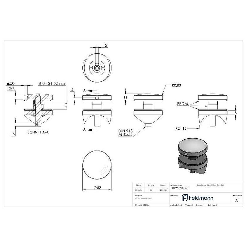 Glass point holder 52mm, connection: 48.3mm, AISI304