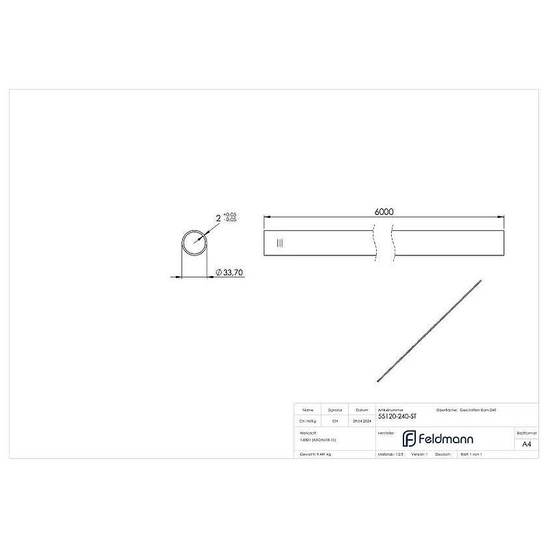 tube 33,7 x 2,0mm, L=6m, satin K240, AISI304
