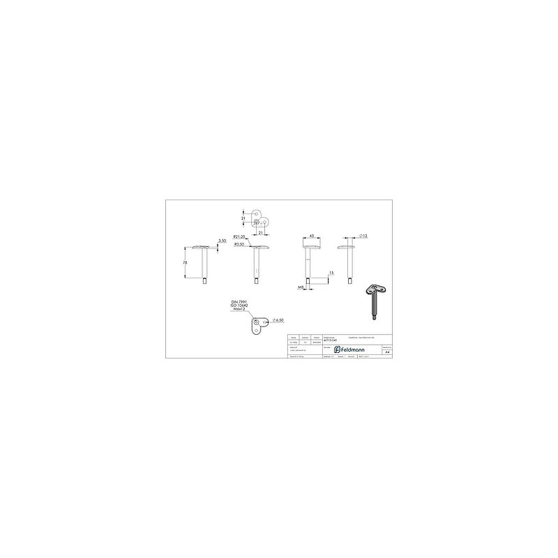 Stift Ø 12mm mit 90° Handlaufanschlussplatte für Rohr 42,4mm, V2A
