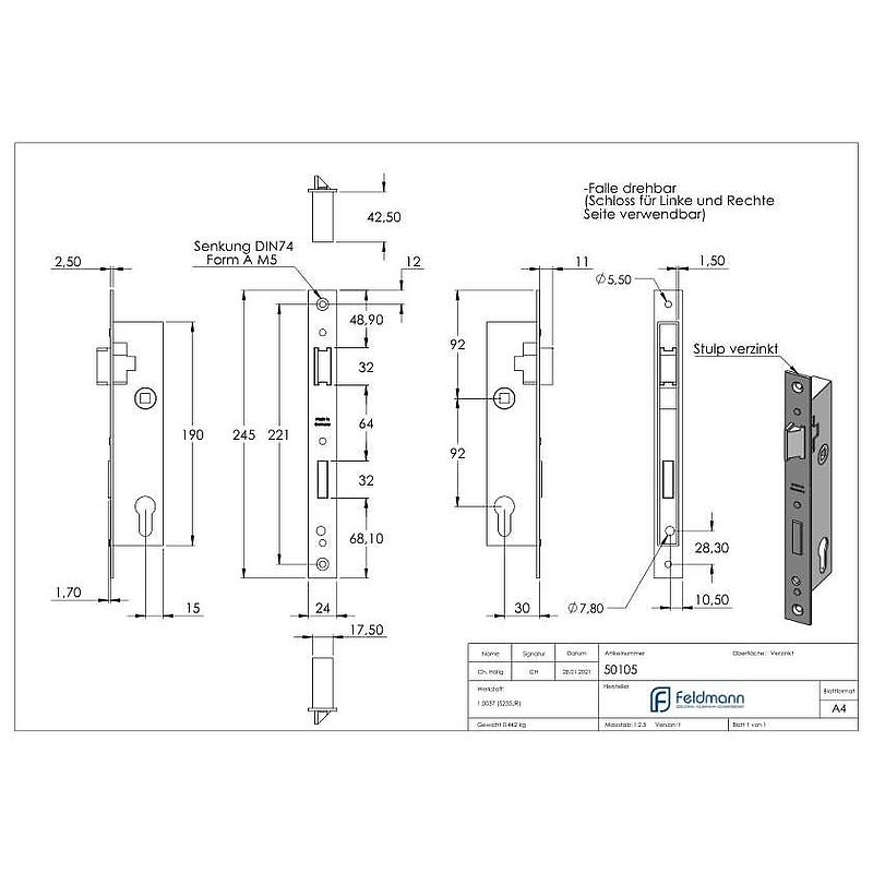 Serrure pour profils tubulaires zingué, entraxe 92 mm zingué, position du cylindre de serrure 30mm