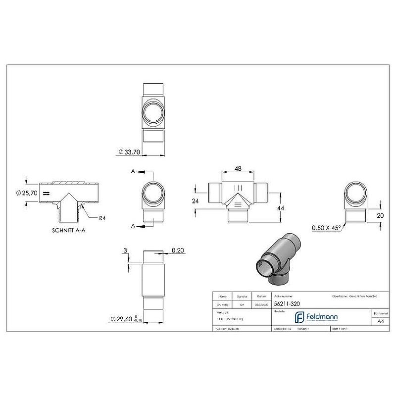 T-Stück egal, für Rohr 33,7x2,0mm, V2A