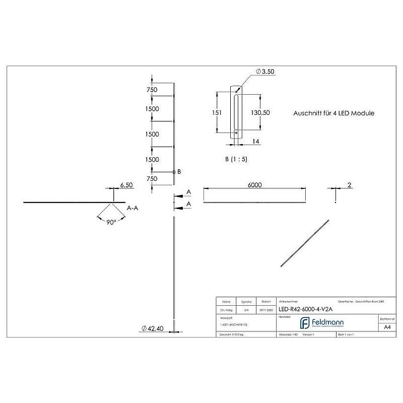 Edelstahlrohr 42,4x2,0mm für LED Module, V2A