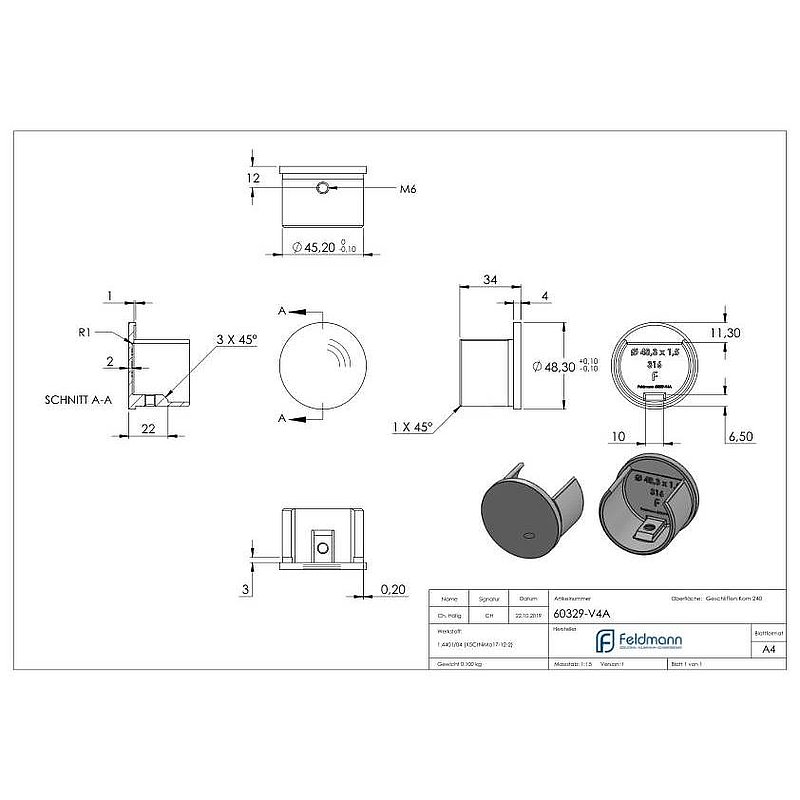 Endkappe, flach, für Nutrohr 48,3mm, V4A