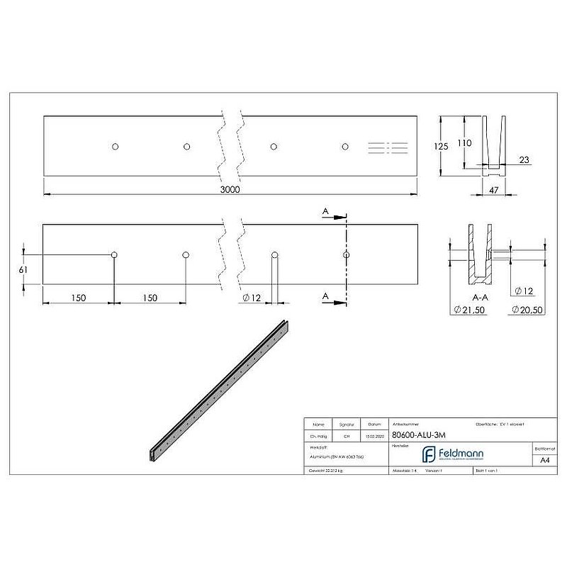 Alu-Profil ELEGANZA STRONG, seitliche Montage, L: 3000mm