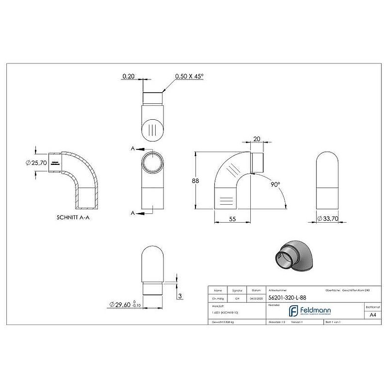 Endbogen 90° flach, für Rohr 33,7x2,0mm, V2A