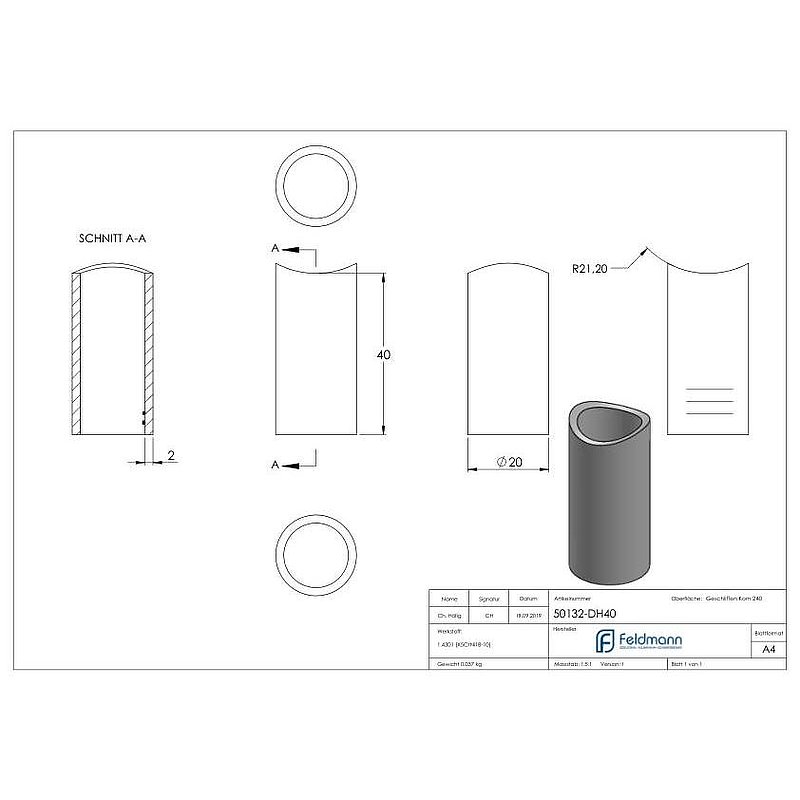 Distanzhülse, L: 40mm, für 42,4mm, V2A