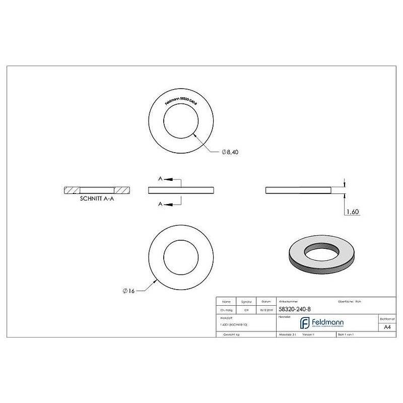 Washer for M8 screws, DIN 125-1, AISI304