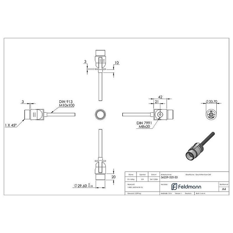 Support mural avec articulation à bétonner pour tube 33,7x2,0mm, V2A