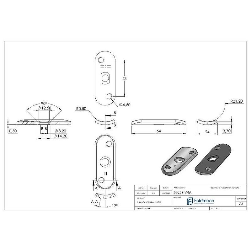 Handrail connection plate, 42.4 mm, offset holes, AISI316