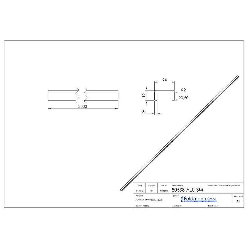 Aluminium-U-Profil, 24x12x3mm, L: 3000mm