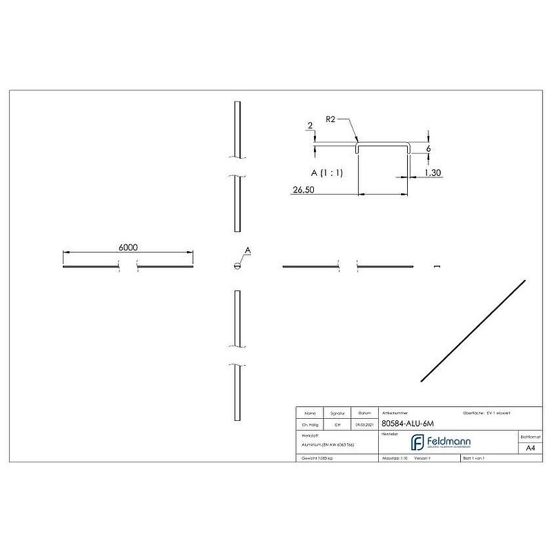 Main courante EXTRA SLIM, pour verre 24,00 - 25,52mm, L: 6000mm, aluminium E4/EV1
