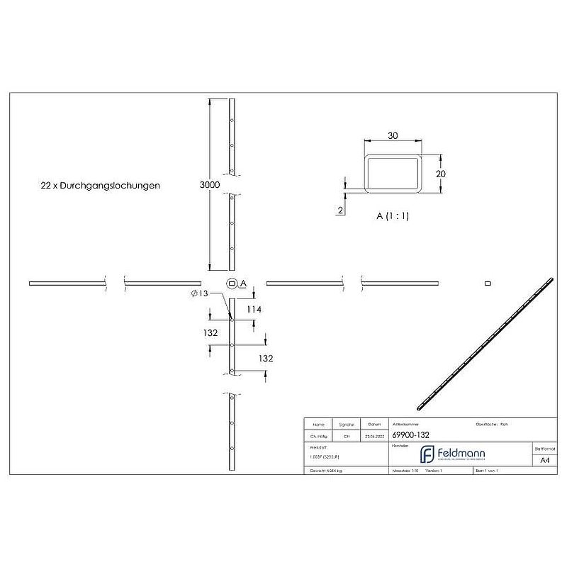 Rectangular tube 30x20x2mm, perforated for Ø 12mm , centre-centre distance 132mm, L: 3000mm