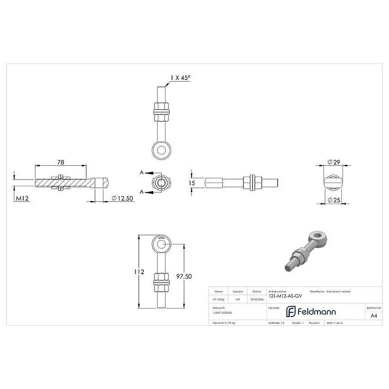 Boulon à œil pour gond à souder 121-M12, galvanisé par électrolyse