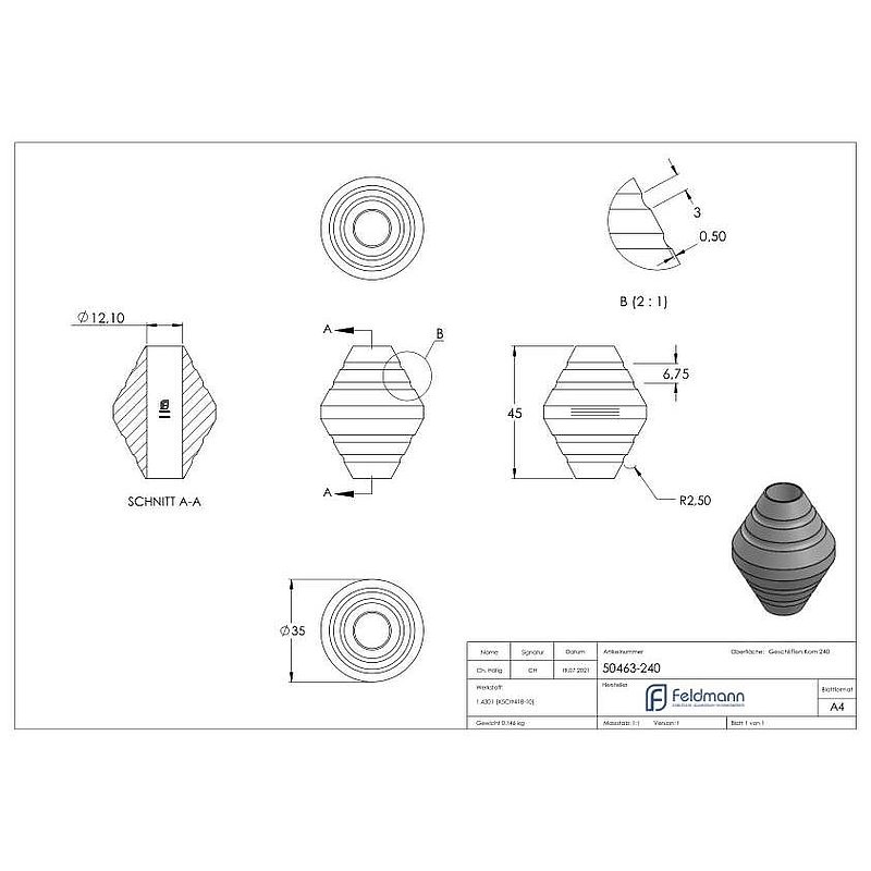 Decorative sleeve for 12mm round material, AISI304