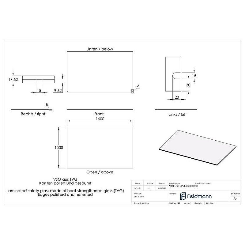 Eleganza canopy glass: 1600x1000mm VSG made of 2x8mm TVG with 1,52mm PVB