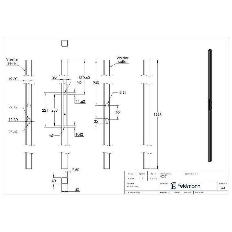 Lock tube 40x40x2.5 smooth, L:2000mm