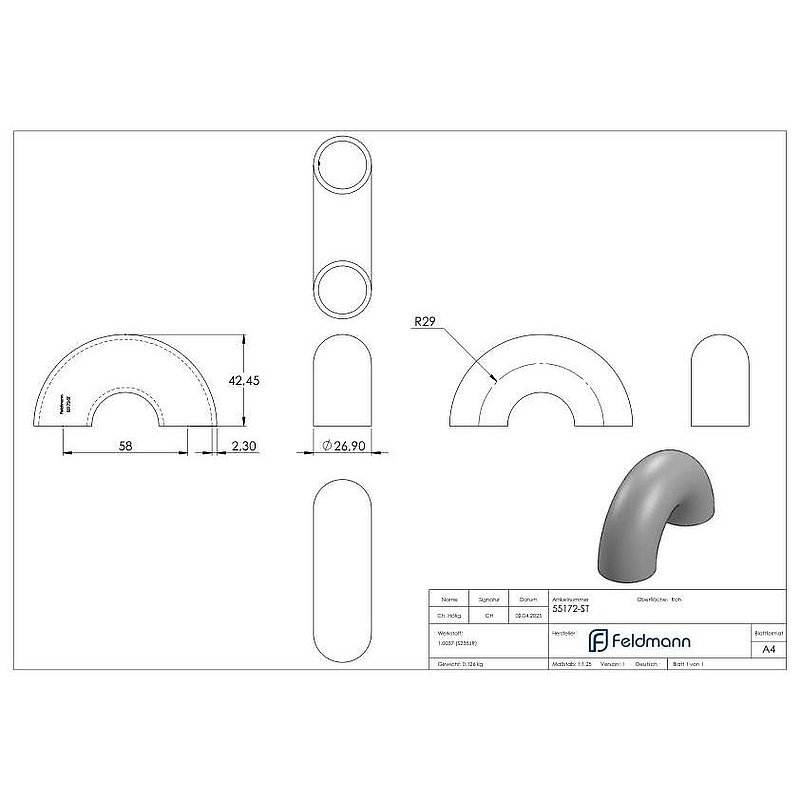 welding elbow 180°, 26,9 x 2,3mm, 3D