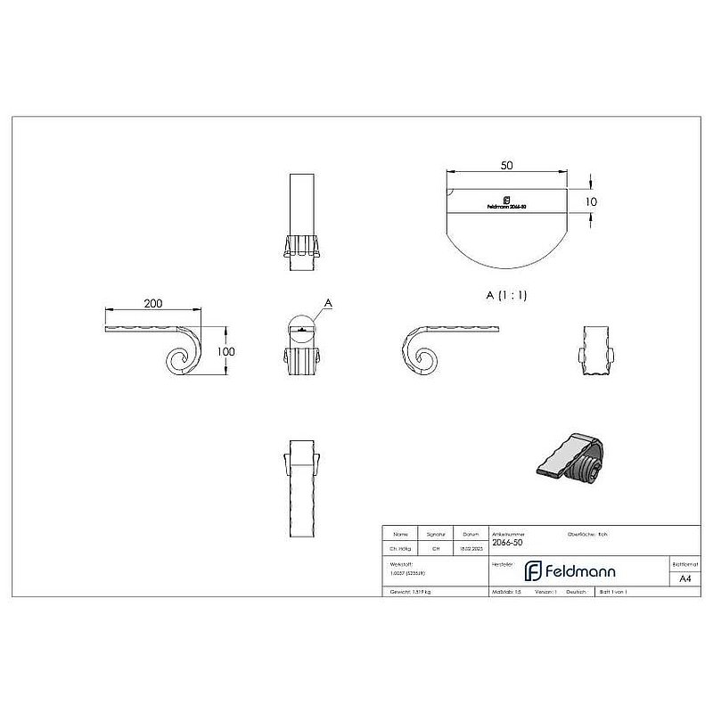 Handrail starter, 50x10mm, rolled