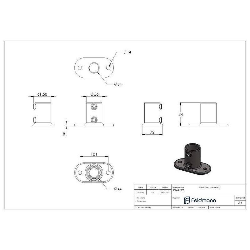Support mural avec 2 trous de fixation, pour tube Ø 42,4mm
