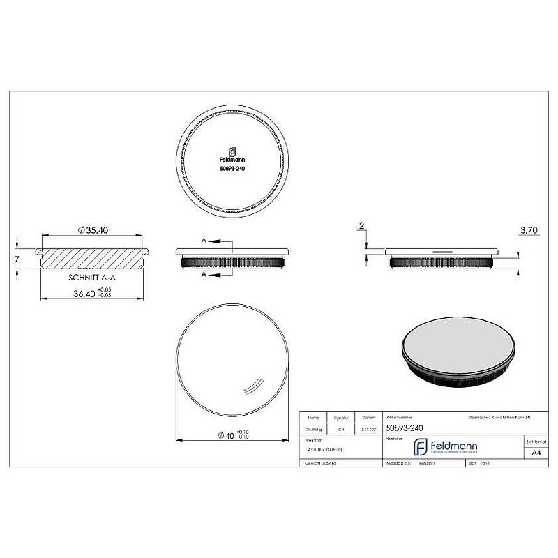 Bouchon pour extrémité de tube, pour tube 40,0x2,0mm, V2A