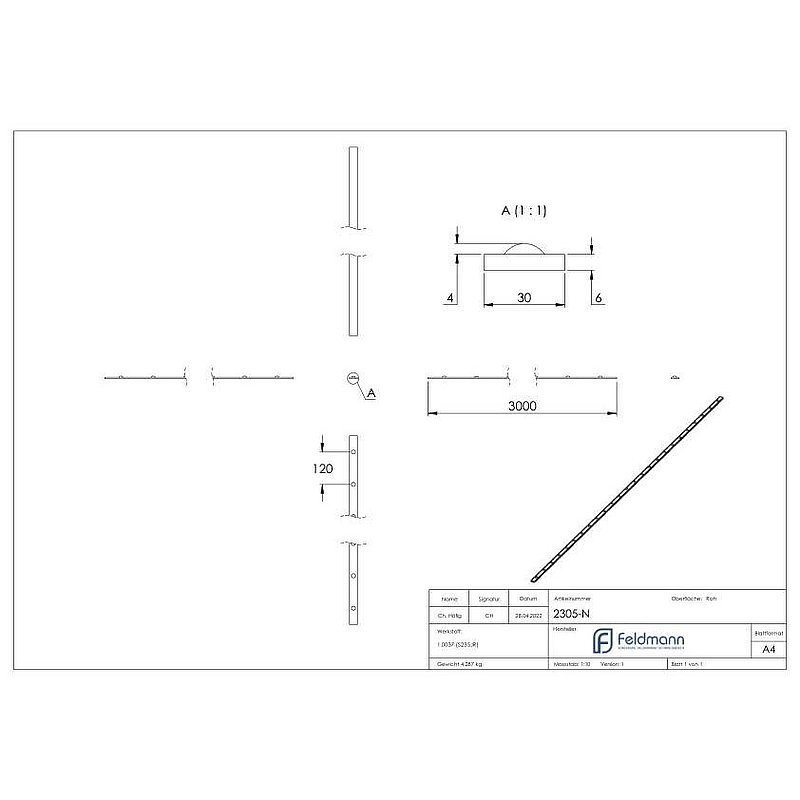 Fer plat avec rivets 30x6mm, L : 3000mm