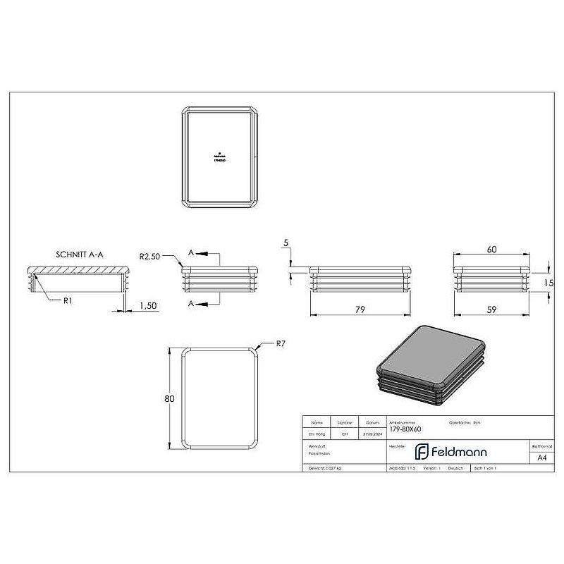 Bouchon plastique pour tube rectangulaire 80x60mm