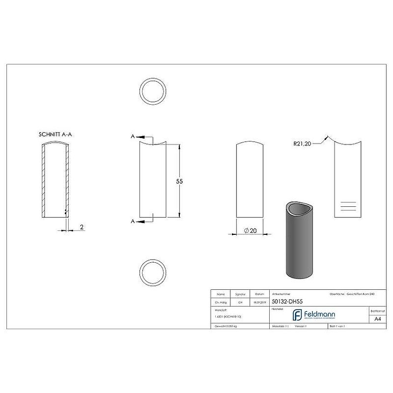 Distanzhülse, L: 55mm, für 42,4mm, V2A