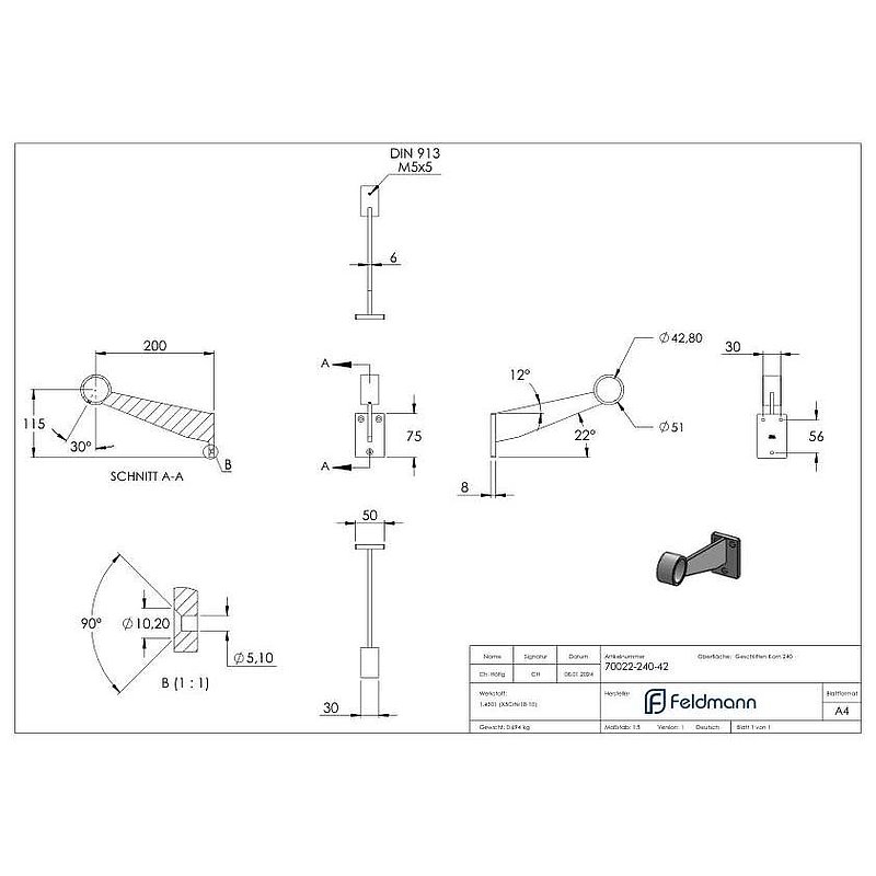 Support pour repose-pieds ou main courante, pour tube Ø 42,4mm, V2A