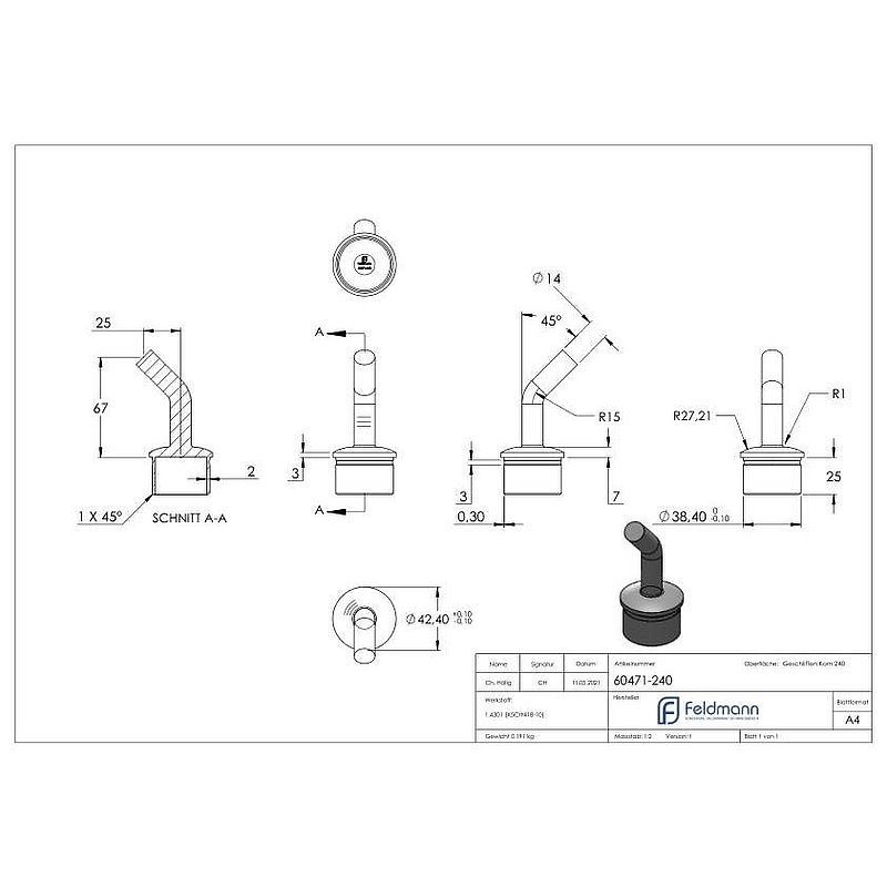 Rohrabschlussstopfen mit Stift 135°, für Rohr 42,4x2,0mm, V2A