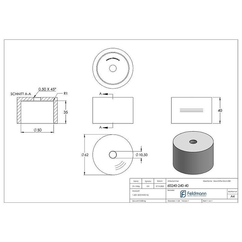 Unterteil für 62mm Glaspunkthalter, t: 40mm, V2A
