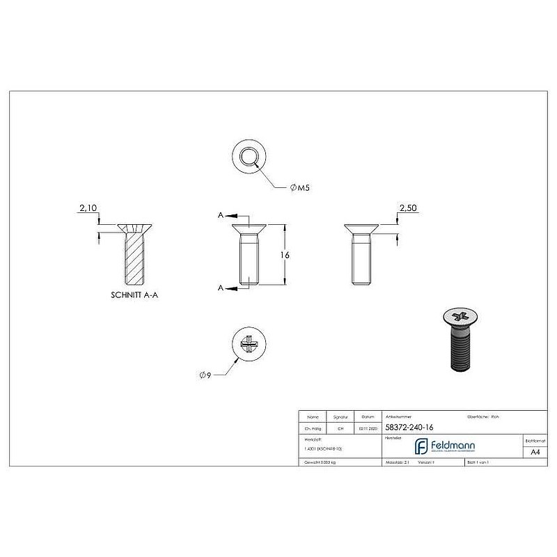 Countersunk head screw M5x16, AISI304 DIN 965