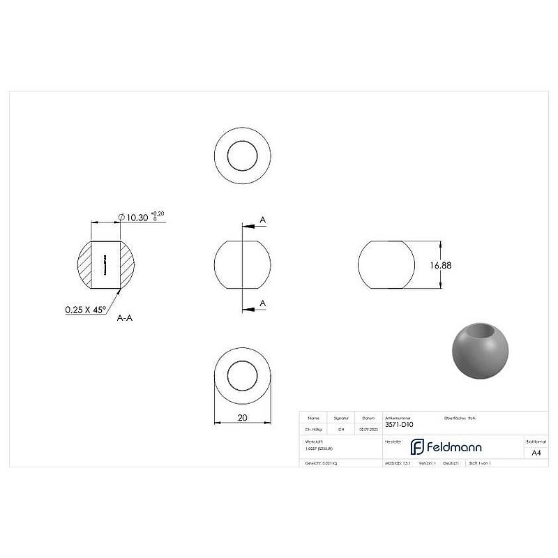 Solid ball 20mm, with through-hole 10.3mm