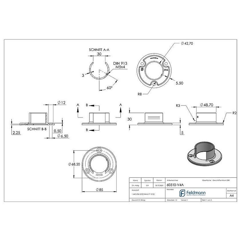 Wandbefestigung für Nutrohr 42,4mm, V4A